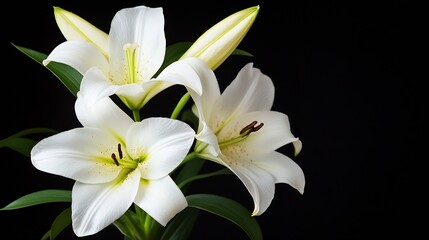 Obraz premium Elegant White Lilies in Full Bloom on a Dark Background Displaying Purity and Grace : Generative AI