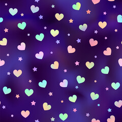 Shiny holographic hearts seamless pattern. Vector rainbow heart and star print on dark blue gradient background. Romantic Valentines Day backdrop texture for decoration, greeting, wedding design.