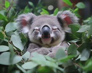 Adorable koala bear sleeping peacefully amidst eucalyptus leaves.
