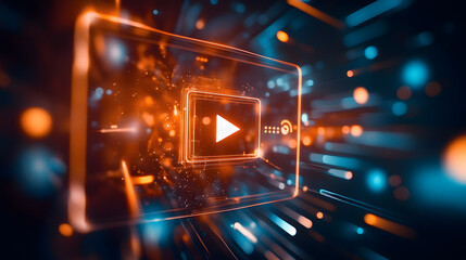 
A glowing video reel with play buttons and glowing viewer engagement statistics