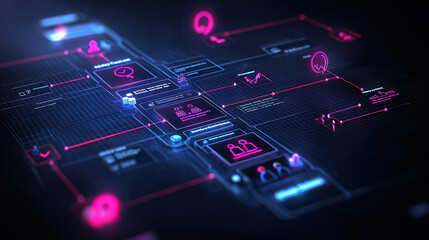 futuristic flowchart illustrating steps in digital process with neon elements, showcasing data connections and user interactions