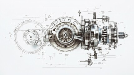 Exploded view of complex mechanical gear system with blueprint overlay.