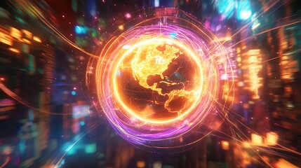 Obraz premium Glowing holographic depiction of earth encircled by energy rings