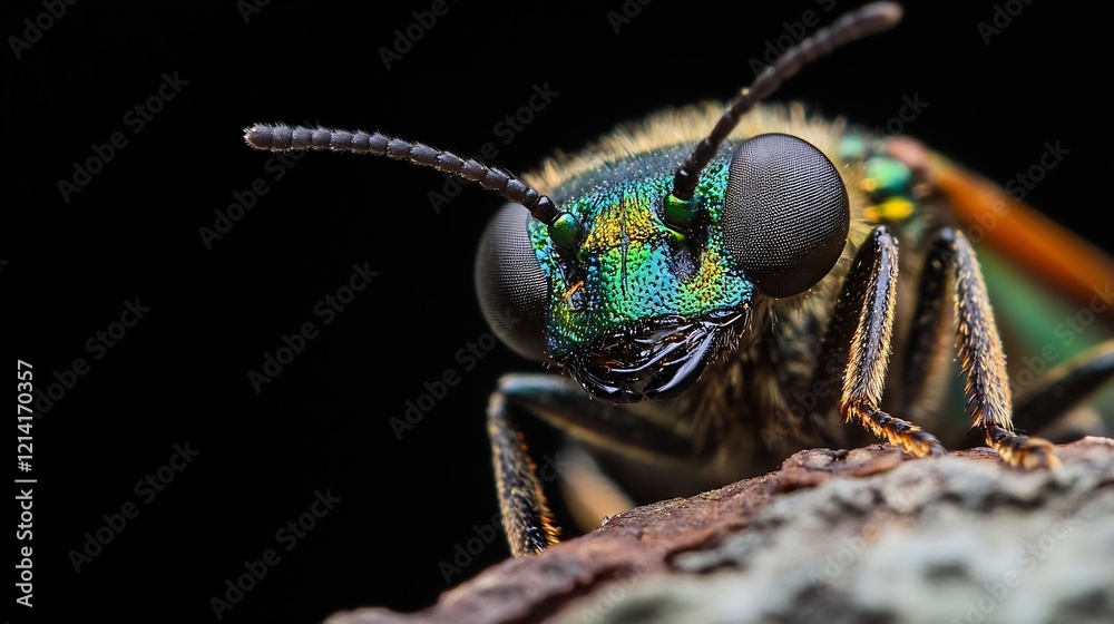 Poster Closeup of Shimmering Colorful Beetle with Large Eyes on Tree Bark : Generative AI