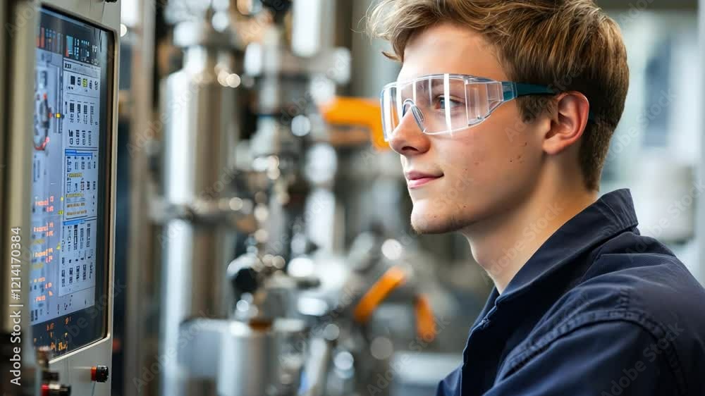 Wall mural a young engineer monitors machines using process control systems, ensuring consistent quality throug
