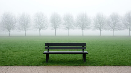 The PM 2.5 Pollution Crisis Themed, park bench in foggy city park surrounded by trees creates serene atmosphere