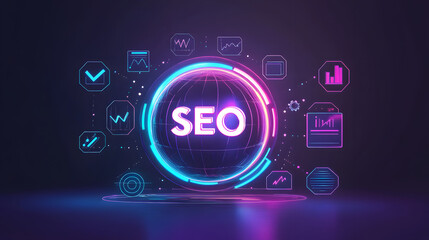 
A glowing globe surrounded by SEO icons like keywords, backlinks, and traffic