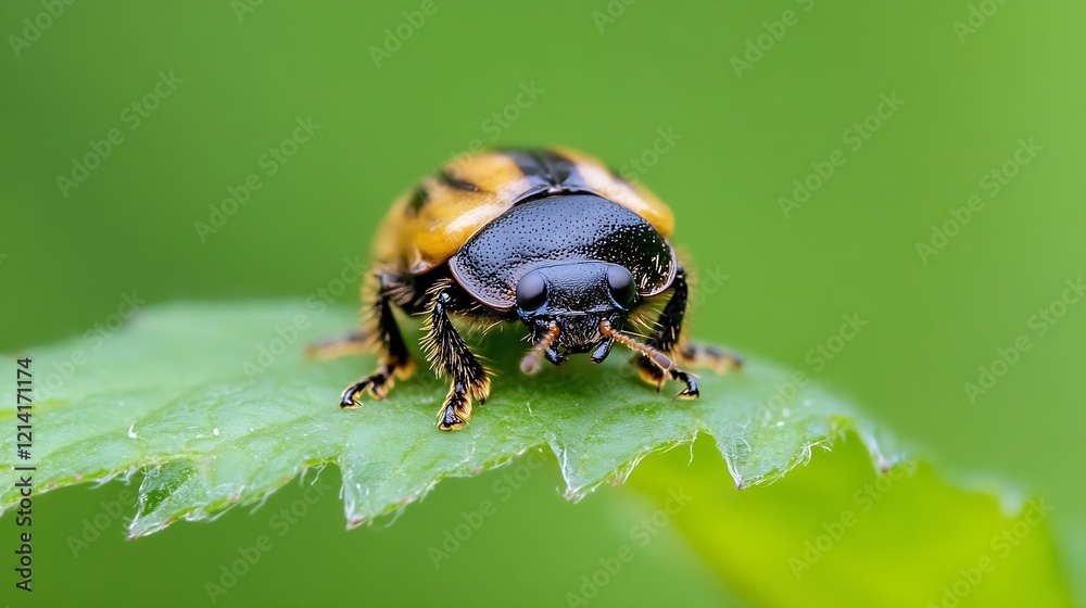 Poster Closeup View of a Colorful Counterfeit Ladybug Beetle on a Fresh Green Leaf : Generative AI