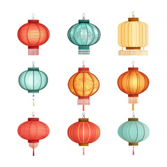 Set of traditional Chinese lanterns on white background.