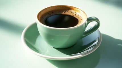 Fototapeta premium Elegant Green Cup of Freshly Brewed Black Coffee on Mint Saucer in Morning Light : Generative AI