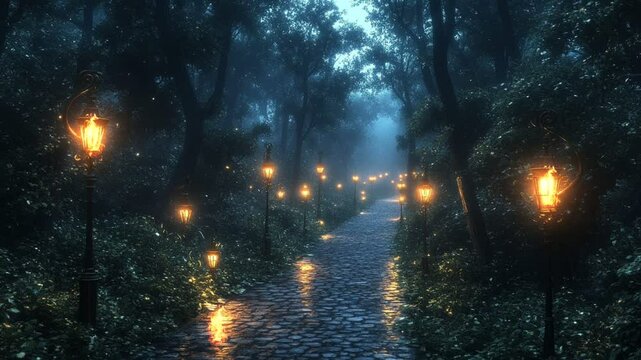 Foggy forest with glowing lights along cobblestone path seamless looping 4k time-lapse animation video background