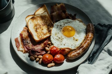 English breakfast with crispy edges and casual charm in sunlit corner
