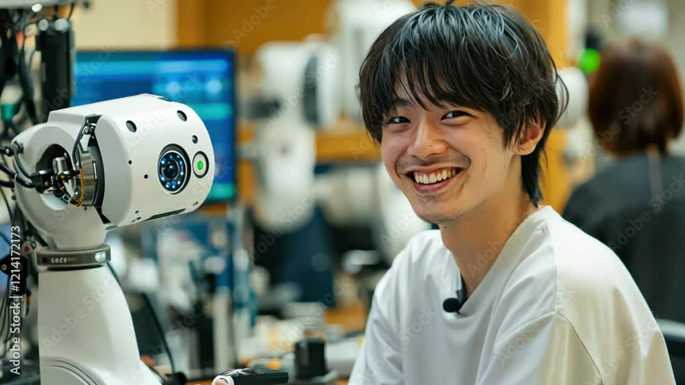 Wall mural a young roboticist smiles while programming collaborative robots, amazed at how seamlessly they work