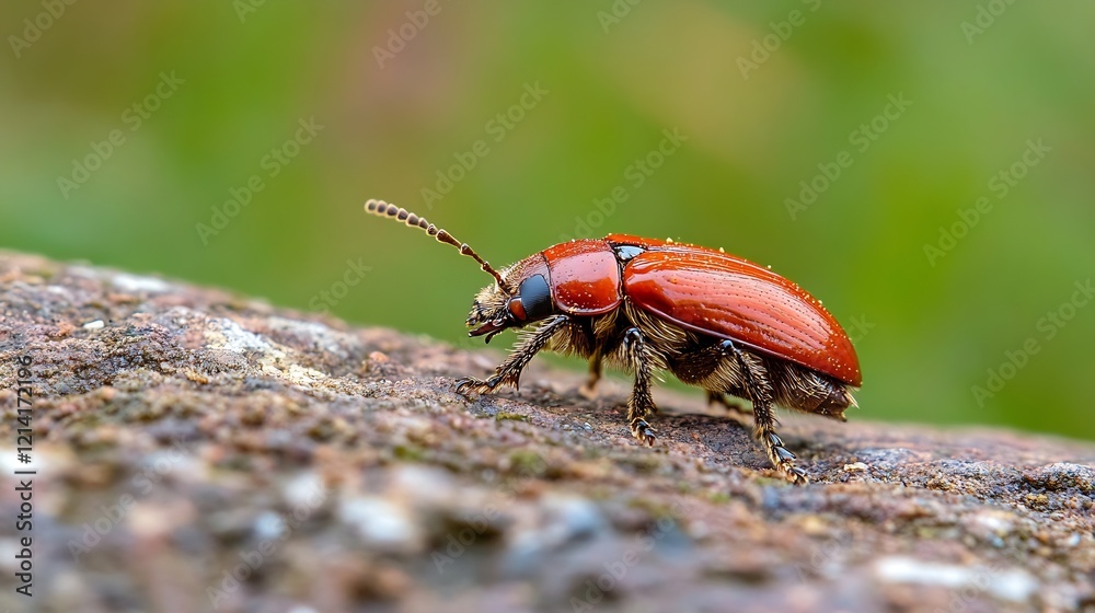 Poster Vibrant Red Bug Crawling Along a Rustic Stone Surface on a Bright Day in Nature Setting : Generative AI