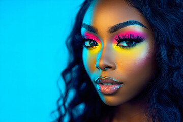 Obraz premium Vibrant Close-Up of Colorful Eye Makeup Featuring Bold Pink and Yellow Eyeshadow on a Model with Lush Eyelashes, Perfect for Beauty, Fashion, and Creative Art Concepts