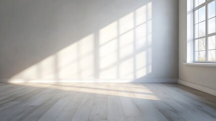 Fototapeta premium Minimalist Sunlit Room with Large Window Casting Natural Light on Wooden Floor : Generative AI