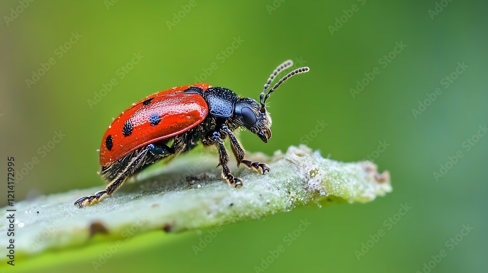 Poster red and black beetle posed elegantly on leaf with green blurred backdrop : generative ai