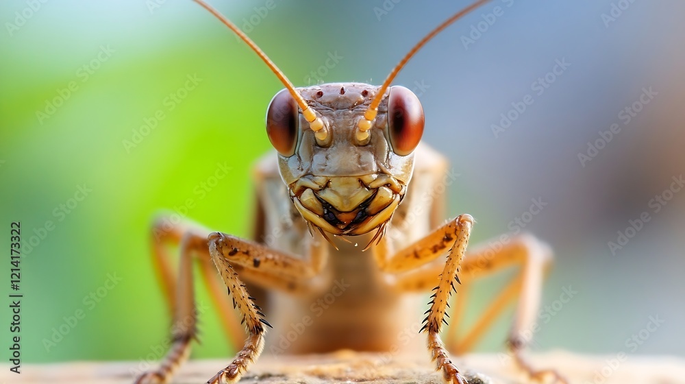 Poster detailed closeup of grasshopper's head captured in vibrant natural setting : generative ai
