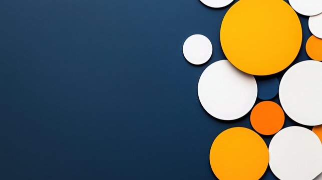 Abstract Colorful Circles: A dynamic composition featuring overlapping circles in varying shades of orange and white against a deep navy blue background.
