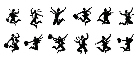 Silhouettes of happy jump and running Businessmen with white background
