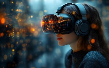 Woman using VR headset, experiencing virtual city.