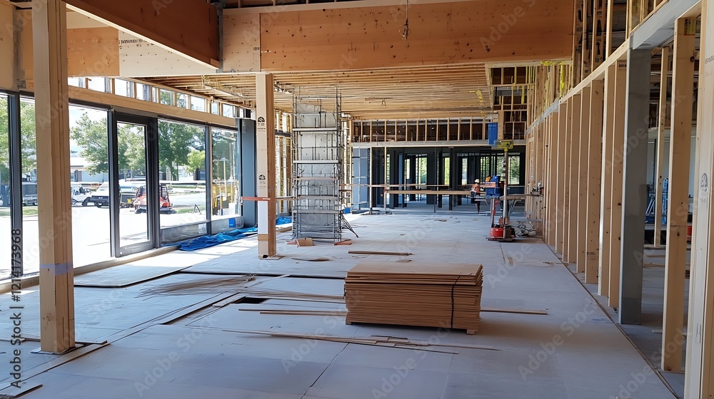 Poster modern architecture commercial building under construction with wood and steel framework : generativ