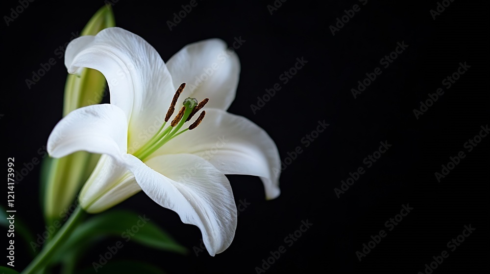 Poster closeup of a white lily flower with dark background highlighting its elegant petals : generative ai