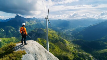 Man on Rocky Peak Observing Wind Turbine in Expansive Valley Landscape : Generative AI
