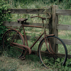 Abandoned Rusty Bicycle Leaning Against Wooden Fence Overgrown with Vegetation
