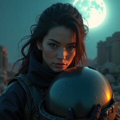 Naklejka premium Closeup portrait of a woman in tactical gear holding a helmet against a dramatic moonlit backdrop of ancient ruins at dusk