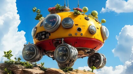 Colorful futuristic vehicle floating in a vibrant blue sky