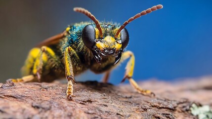 Vivid Closeup of Yellow and Black Insect Perched on Tree Bark in Forest Setting : Generative AI