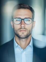 Obraz premium Confident man with glasses in business attire looking directly into the camera : Generative AI