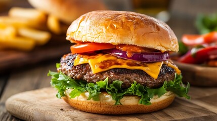 Delicious Gourmet Cheeseburger with Fresh Lettuce Tomato Onion and Cheddar Cheese : Generative AI