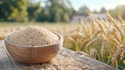 Quinoa harvest in field, wooden bowl, healthy food