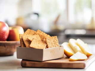 A small box of whole-grain crackers paired with cheese slices and apple wedges, styled in a bright kitchen