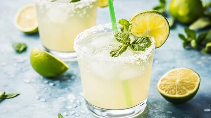 Refreshing margaritas with lime and salt on a vibrant blue background : Generative AI