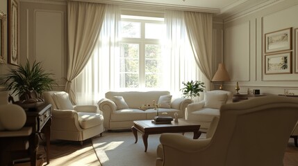 Fototapeta premium Minimalist, country style interior design of modern living room with beige boucle armchairs and sofa.