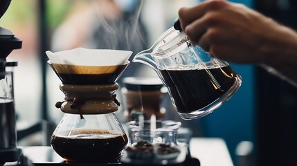 Pouring Fresh Brewed Coffee with Steam into Glass Chemex on Wooden Table : Generative AI