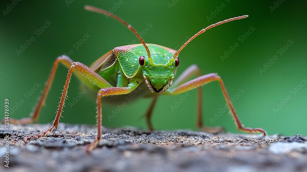 Poster closeup macro image of vibrant green insect on wood surface : generative ai