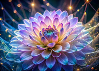 vibrant flower with iridescent petals unfurls from glowing crystalline center, surrounded by soft lights, creating magical and enchanting atmosphere
