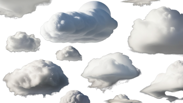 a collection of individual white clouds isolated against a black background. Each cloud have unique shapes and textures