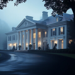Fototapeta premium stately mansion with a traditional design, featuring large columns and an expansive driveway, set in an atmospheric, foggy environment 