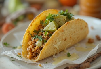 A delicious potato taco with a soft tortilla filled with crispy potato pieces, fresh vegetables, cheese and aromatic spices. The perfect dish for lovers of Mexican cuisine and vegetarian food
