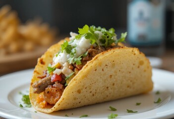 A delicious potato taco with a soft tortilla filled with crispy potato pieces, fresh vegetables, cheese and aromatic spices. The perfect dish for lovers of Mexican cuisine and vegetarian food