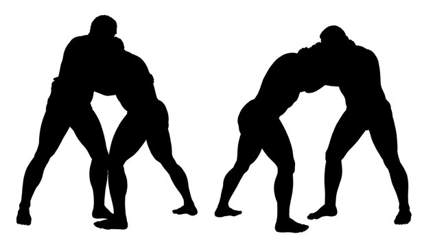 Drawing with ancient wrestlers. Athletes at the Olympic Games. Strong men in single combat.