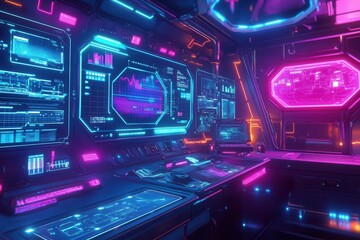 cyberpunk control room interface with neon hexagonal panels, holographic displays, and data visualization streams in electric blue and purple