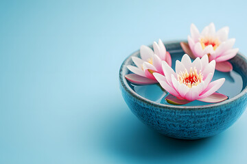 a bowl filled with water and floating lotus flowers - symbolizing purity and meditation blue background