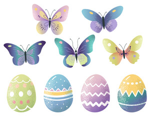 Easter eggs and colorful butterflies. Hand drawn spring elements with a delicate texture.