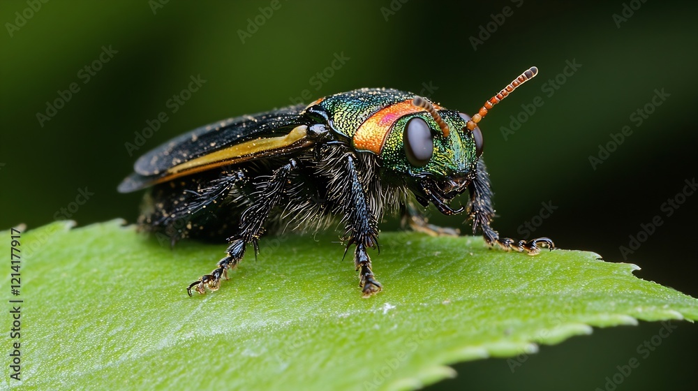 Poster Chrysobothris Beetle on Leaf with Iridescent Colors and Intricate Details : Generative AI